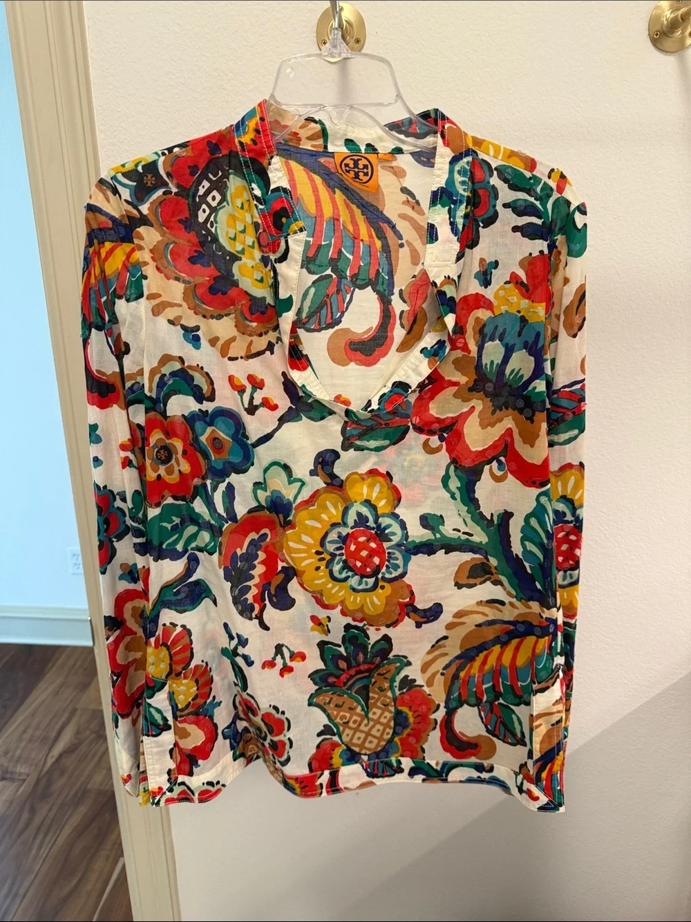 Tory Burch Multicolor Floral V-Neck Long Sleeve Top — Bright Garden Print